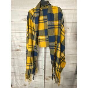 Nwt Ciel Women's Jacquard Yellow Blue Plaid Scarf Shawl Wrap with Fringe